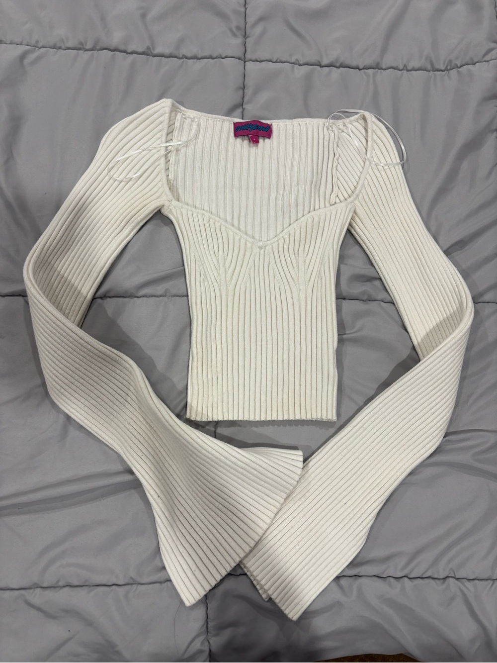 Edikted Cream Ribbed Square Neck Long Sleeve Top